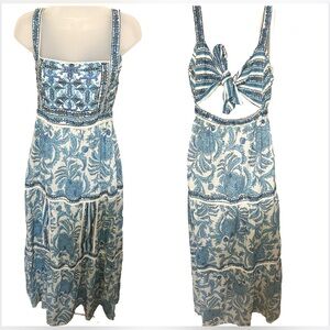 Joie 4 Maxi Dress Back Cut Out Sleeveless Blue White Floral Bead Sequin Cotton
